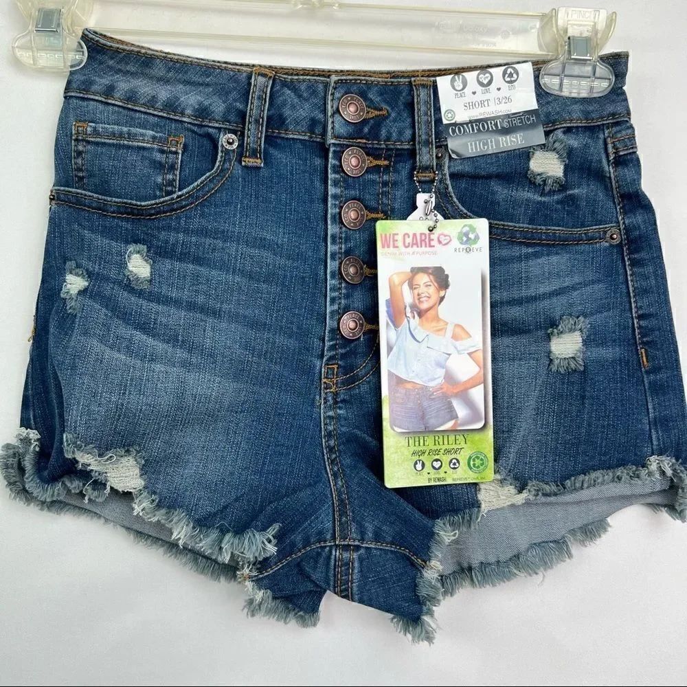 ReWash comfort Stretch Destroyed frayed hem exposed button fly cut off shorts